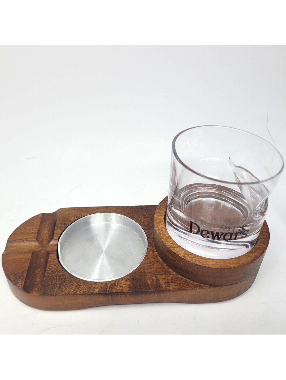 Dewars Scotch Whisky Wood Glass Cigar Ashtray Tray Caddy Coaster Barware Set